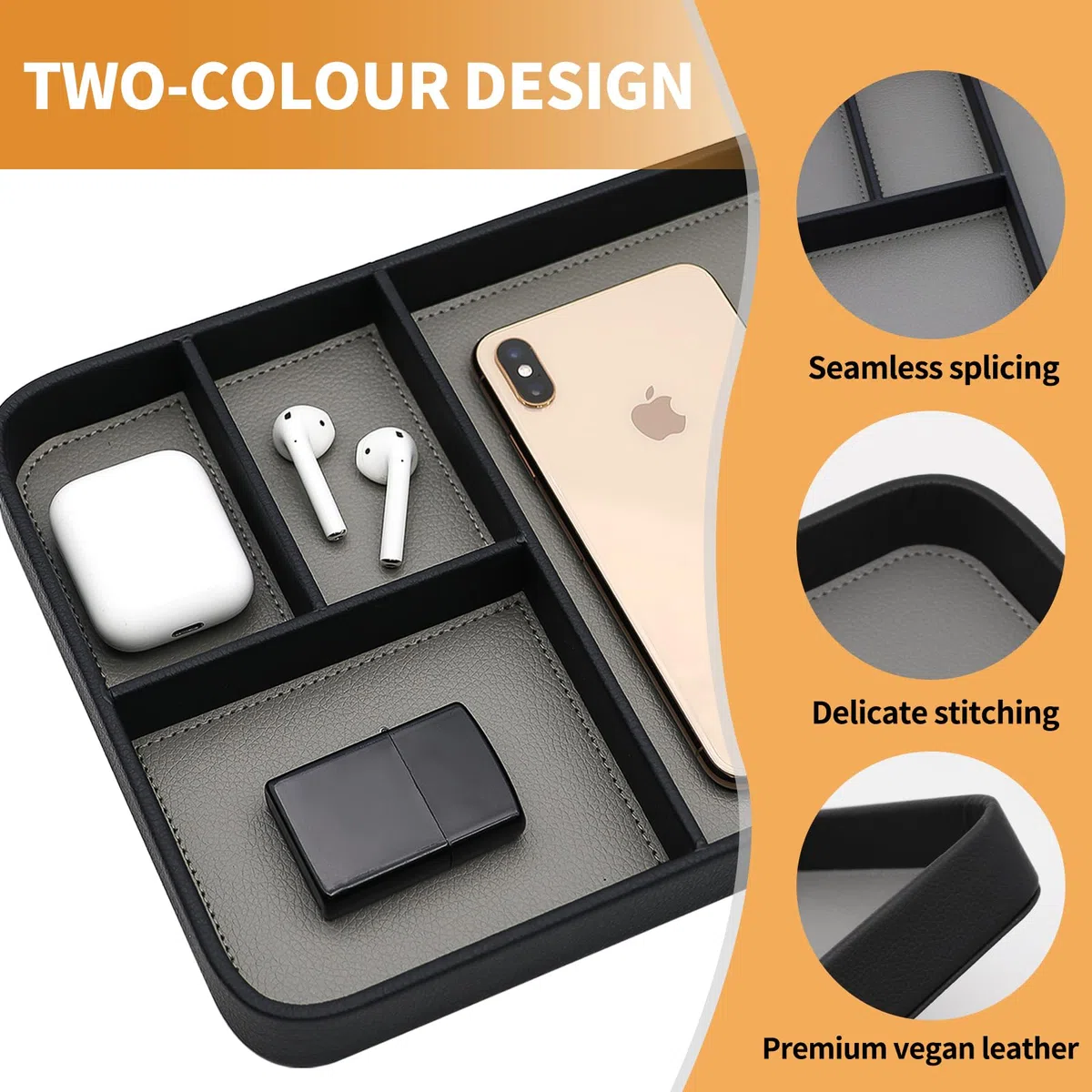 PU Leder Valet Tray, Stilvolle und organisierte Eingangsbereich Nachttisch Tablett, EDC Catchall Tray für Telefon Schlüssel Uhr Geldbörse Schmuck (Schwarz)