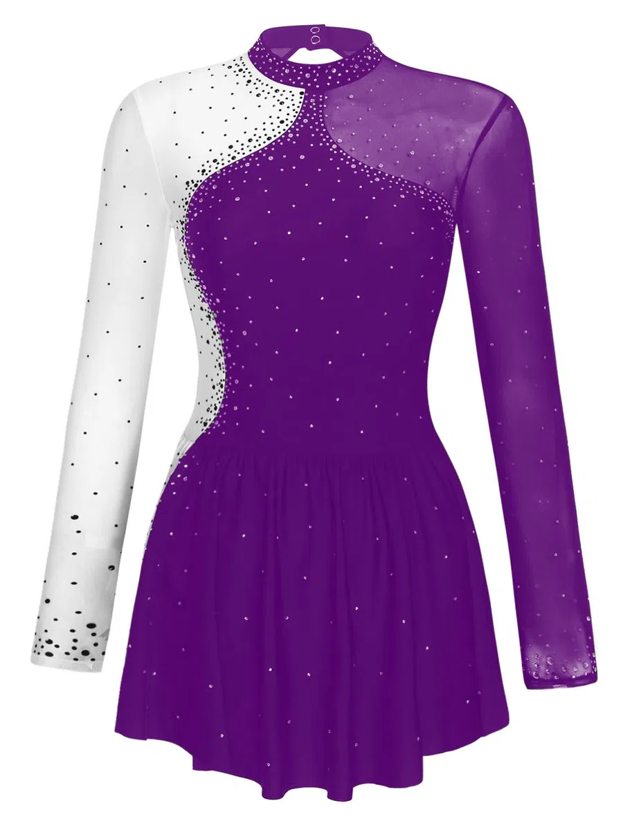 CHICTRY Eiskunstlauf Kleid Damen Langarm Strass Glitzer Ballettkleid Stehkragen Tanzbody Farbblock Patchwork Trikot Mit Wickelrock Dancewear