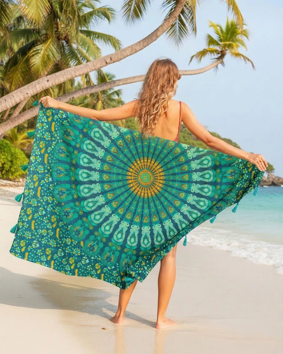 Boho Mandala Pareo Sarong Bikini Cover-Up mit Quasten – Superweiche leichte Baumwolle, Großes indisches Pfauenmuster