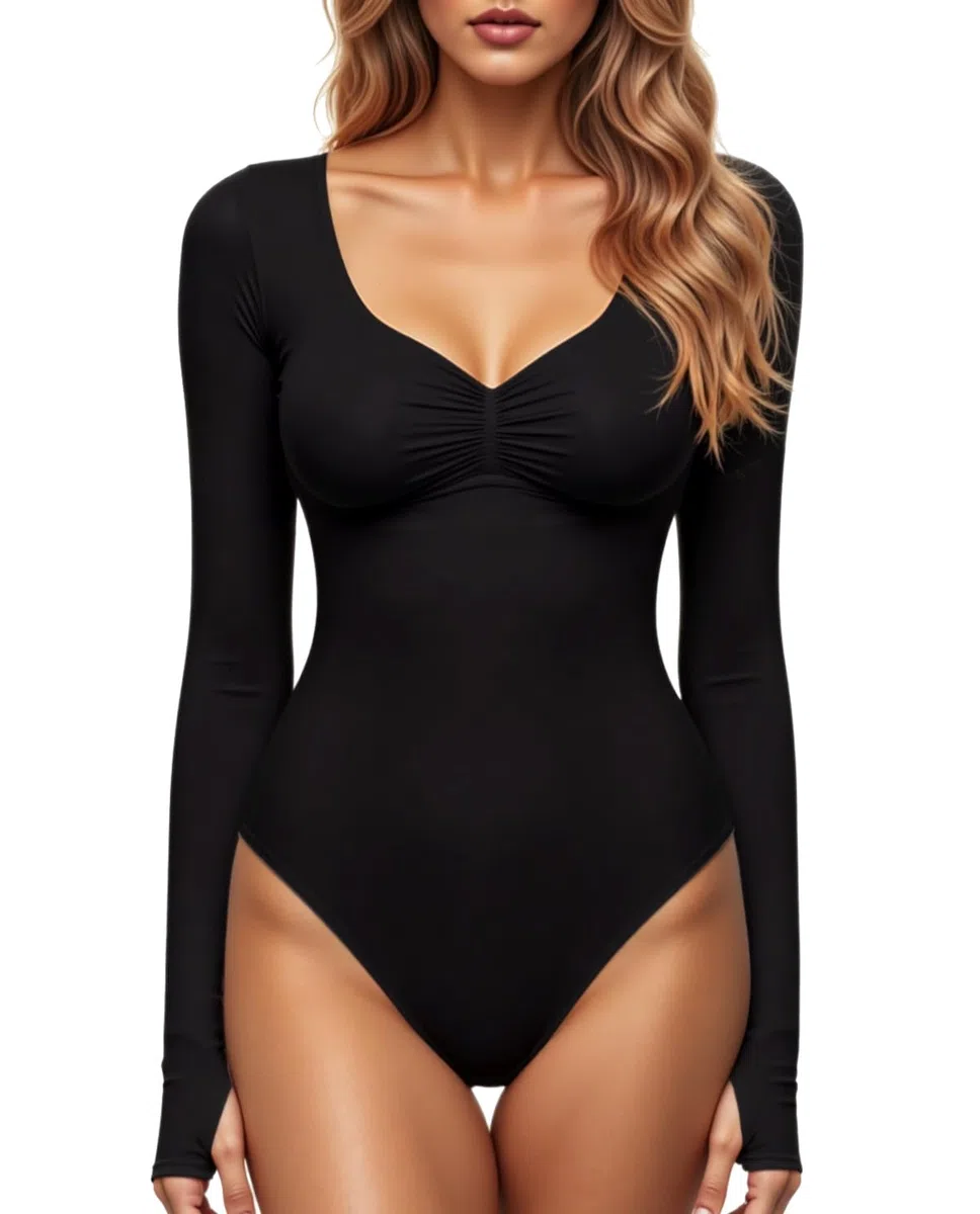 Damen Bodysuit mit Quadratischem V-Ausschnitt, Sexy Oberteile Mode Langarm Going Out Tops Stretchy Körper Anzug
