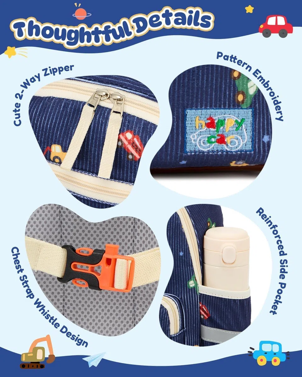 PROTAURI Kindergartenrucksack Jungen mit Brustgurt, Rucksack Kinder Reflektierend mit Abwischbarem Boden, Kita Rucksack Vintage Kordsamt Passend für DIN A4 2-6 Jahre, 9.2L, Blau Auto