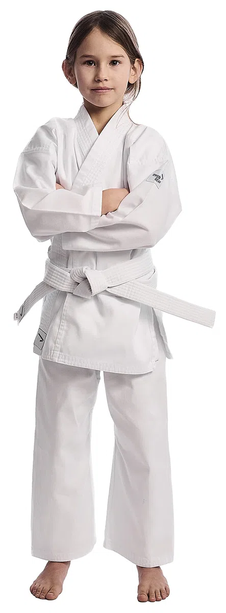 IPPONGEAR Club 2 Karate Gi Set Einsteiger Karateanzug Kinder Anzug inkl weißem Gürtel I Schnürbund I 220gr/m² (8 oz) Stoffdichte weiß