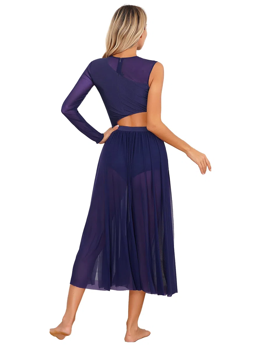 Damen Lyrisch Tanzkleid Ballettkleid Langarm Eiskunstlauf Kleid mit Mesh Rock Modern Contemporary Latein Tanzkleid