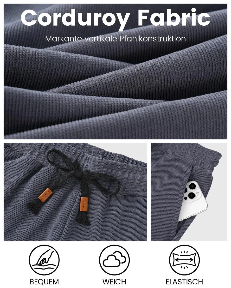 HMIYA Cord Hose Herren Chinohose Regular Weites Bein Hosen Mode Freizeithose Baumwolle Elastische Taillemit Taschen