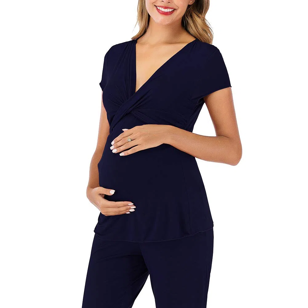 rismart Damen Umstandsmode Stillpyjama Pyjama Set Baumwolle Schlafanzug Kurzarm Oberteil und Lang Hosen Sommer