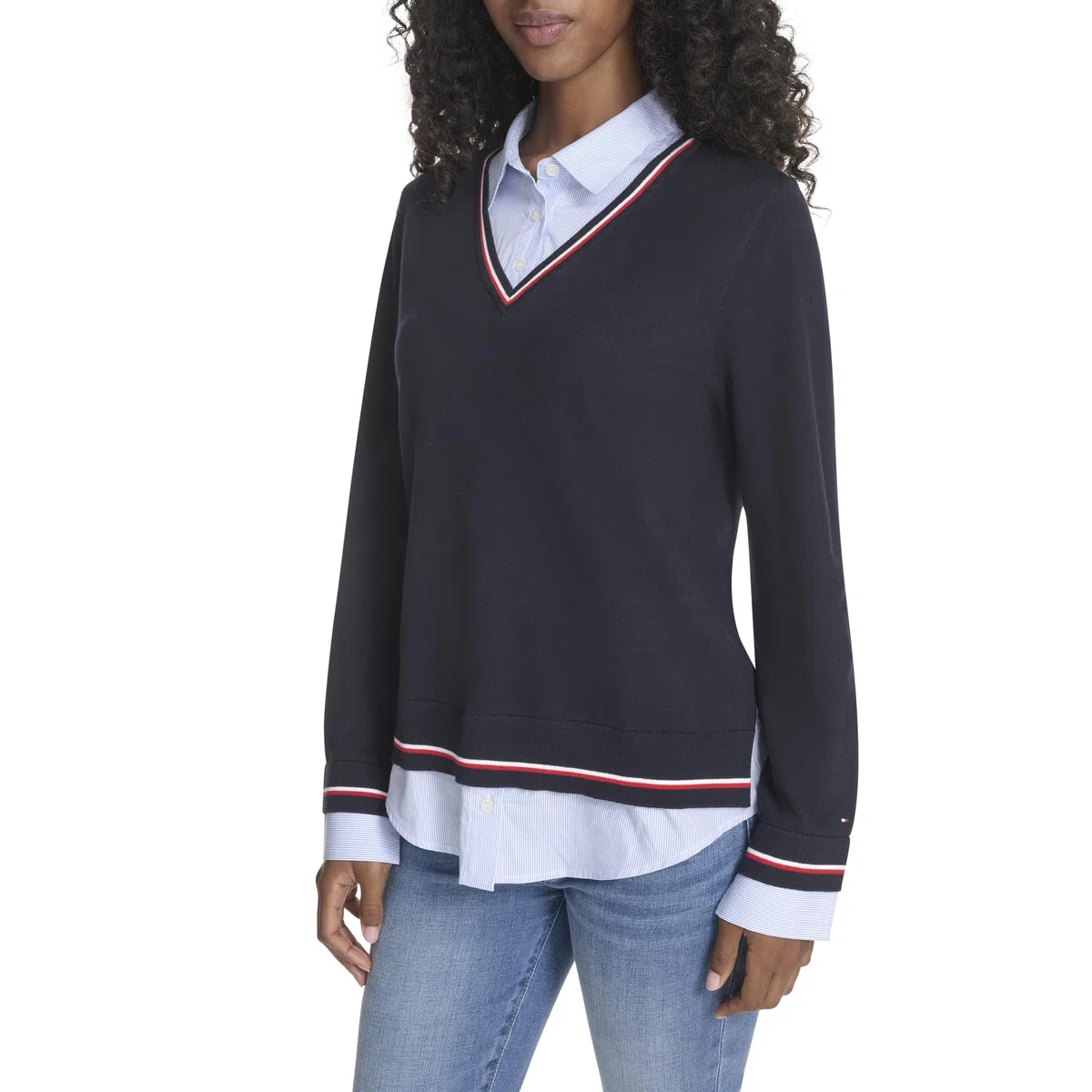 Tommy Hilfiger Damen Long Sleeve Button Up Collared Twofer Sweater Pullover (1er Pack)