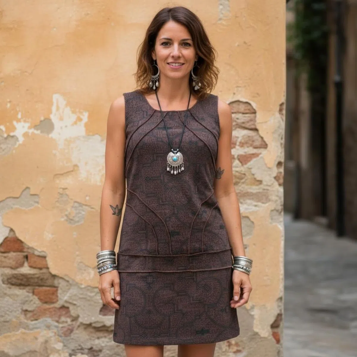 GURU SHOP Ethno Minikleid, Festival Goakleid mit Overlock, Damen