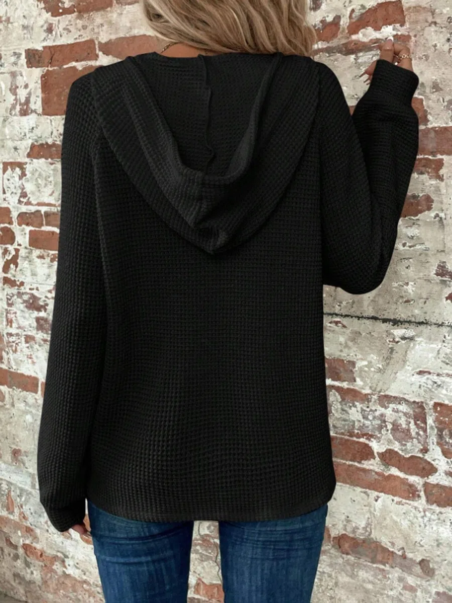 Damen Kapuzenpullover Waffel Strick Kordelzug Knopf V-Ausschnitt Langarm Einfarbig Casual Pullover Sweatshirt Kapuzenoberteil