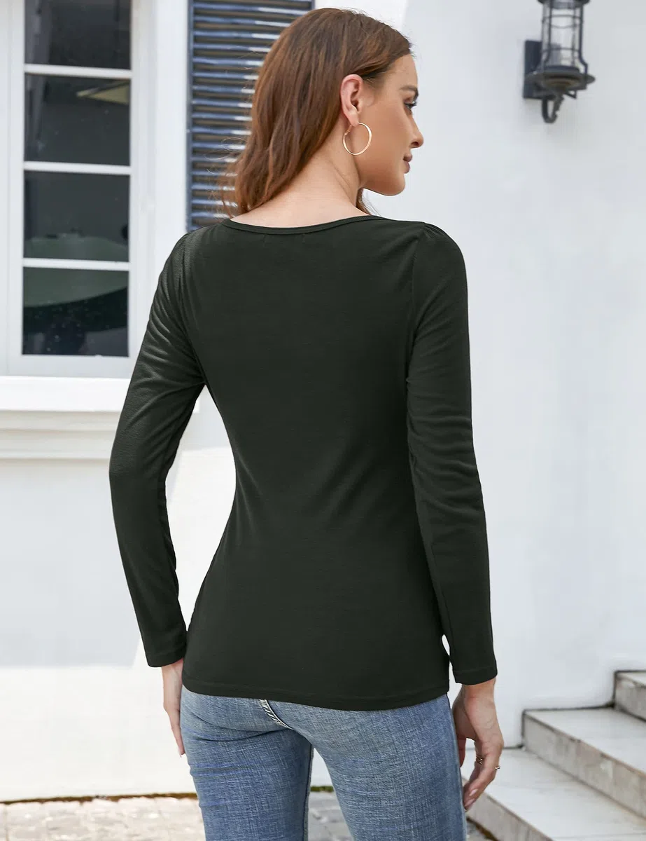 KOJOOIN Damen Schwanger Shirt Umstandsbluse Schwangerschafts Langarm Stillshirt Umstandspullover Umstandsmode Quadratischer Kragen mit Seite Geraffen (Verpackung MEHRWEG)