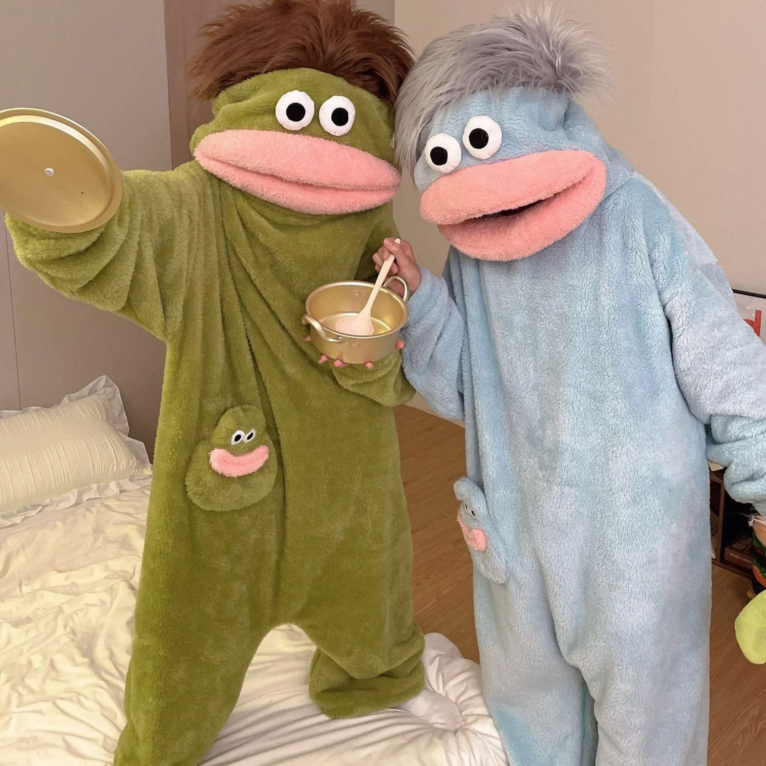 Silly Onesie Lustiger Einteiler Schlafanzug für Erwachsene Grüner Monstter-Hoodie Loose Warm Kuscheliger Ultraweicher Overall Funny Animal Costume Zuhause Bequemer Ganzkörperanzug Hausanzug Couple