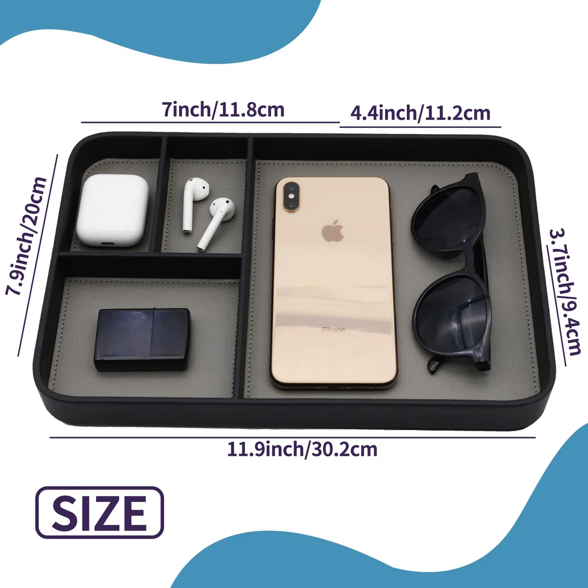 PU Leder Valet Tray, Stilvolle und organisierte Eingangsbereich Nachttisch Tablett, EDC Catchall Tray für Telefon Schlüssel Uhr Geldbörse Schmuck (Schwarz)