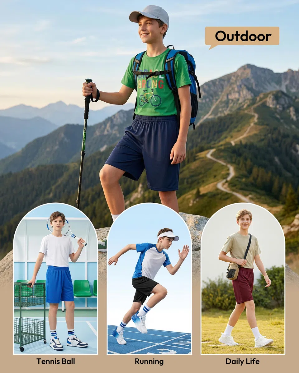 5er Pack Kurze Hosen Jungen Sporthose Jungen Atmungsaktive Casual Shorts für Laufen, Basketball & Fußball Schnelltrocknende, leichte Funktionsshorts mit Taschen