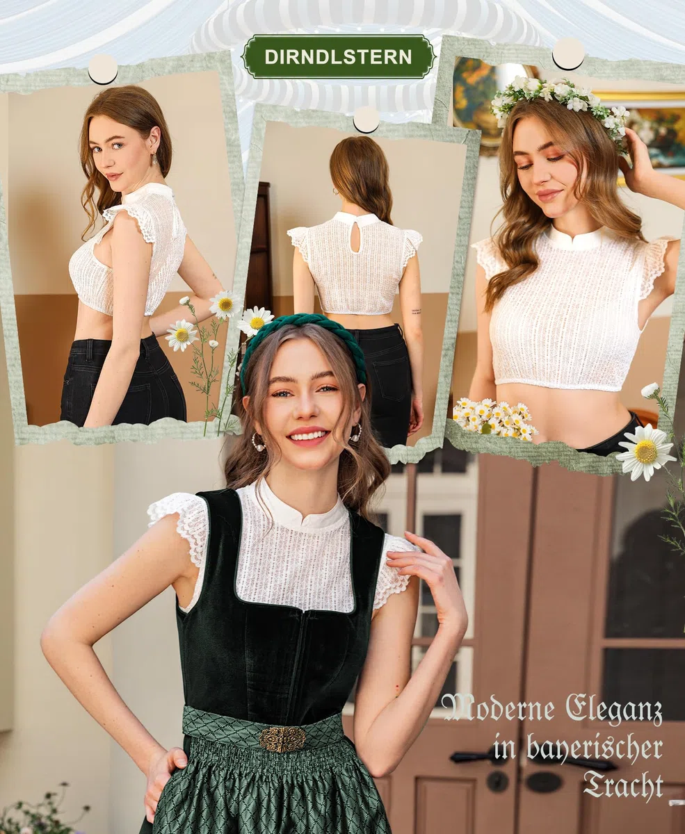 DIRNDLSTERN Bluse Damen Weiß - Dirndlbluse Spitze Dirndlblusen Hochgeschlossen Flügelärmel Trachtenblusen Vertikale Streifen Elegant