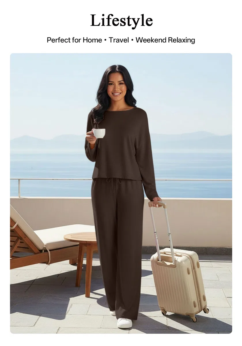Damen Zweiteiler Lounge Set mit Langarm-Top und Weitbein-Hose, Loungewear Damen, Schulterfrei, Weich und Dehnbar