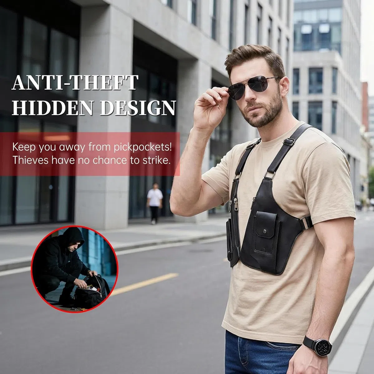 Anti-Diebstahl Unterarm-Schultertasche für Herren, Doppel-Schultertache aus PU-Leder, Verstellbares Achselholster-Design mit Mehreren Taschen, Brusttasche für Reise, Business & Outdoor (Schwarz)