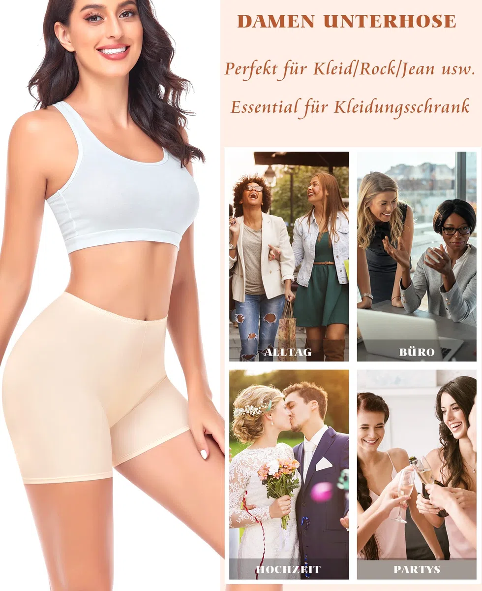 YARRCO Damen Unterhose Kurz Hose Unter Rock Kleid Nahtlos Slipshort Anti Chafing Boxershorts Kurz Leggings Radlerhose (Schwarz+Beige, L)