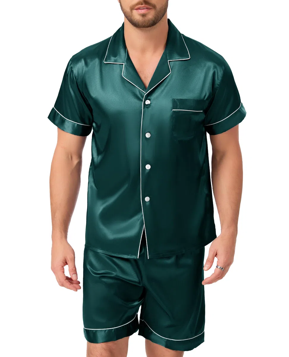 Lovasy Satin Schlafanzug Herren Kurz Kurzarm Pyjamas Set mit Knöpfen Sommer Pjs Sets Zweiteiliger Nachtwäsche