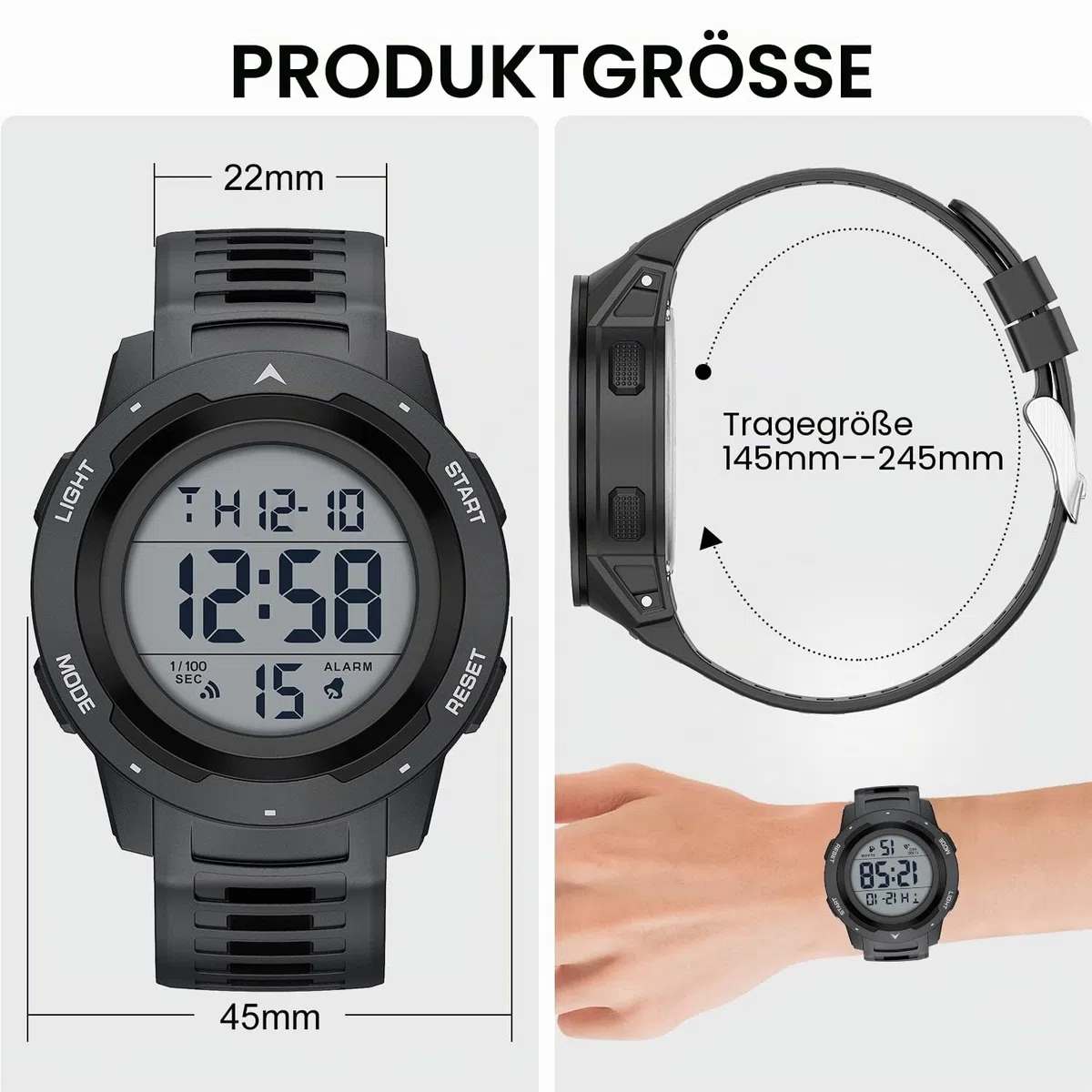 GOLDEN HOUR Uhren Herren Wasserdicht Digital mit Breitem Bildschirm Leicht Ablesbares Display, Militär-Stil, mit Gummi-Armband