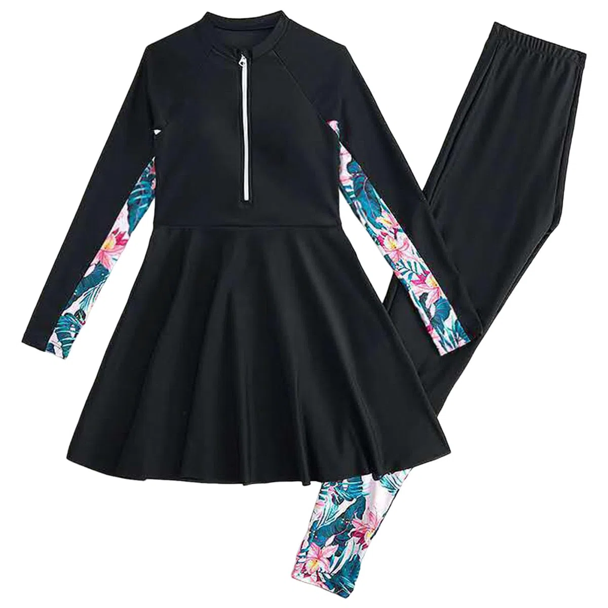 Generisch Mädchen Badeanzug mit Langen Ärmeln, 2 teiliges Set mit Rashguard, Badeanzüge für Teenager Schwimmanzug Damen Reißverschluss Cover Up Schwimmanzug Full Cover Langarm Top Hose
