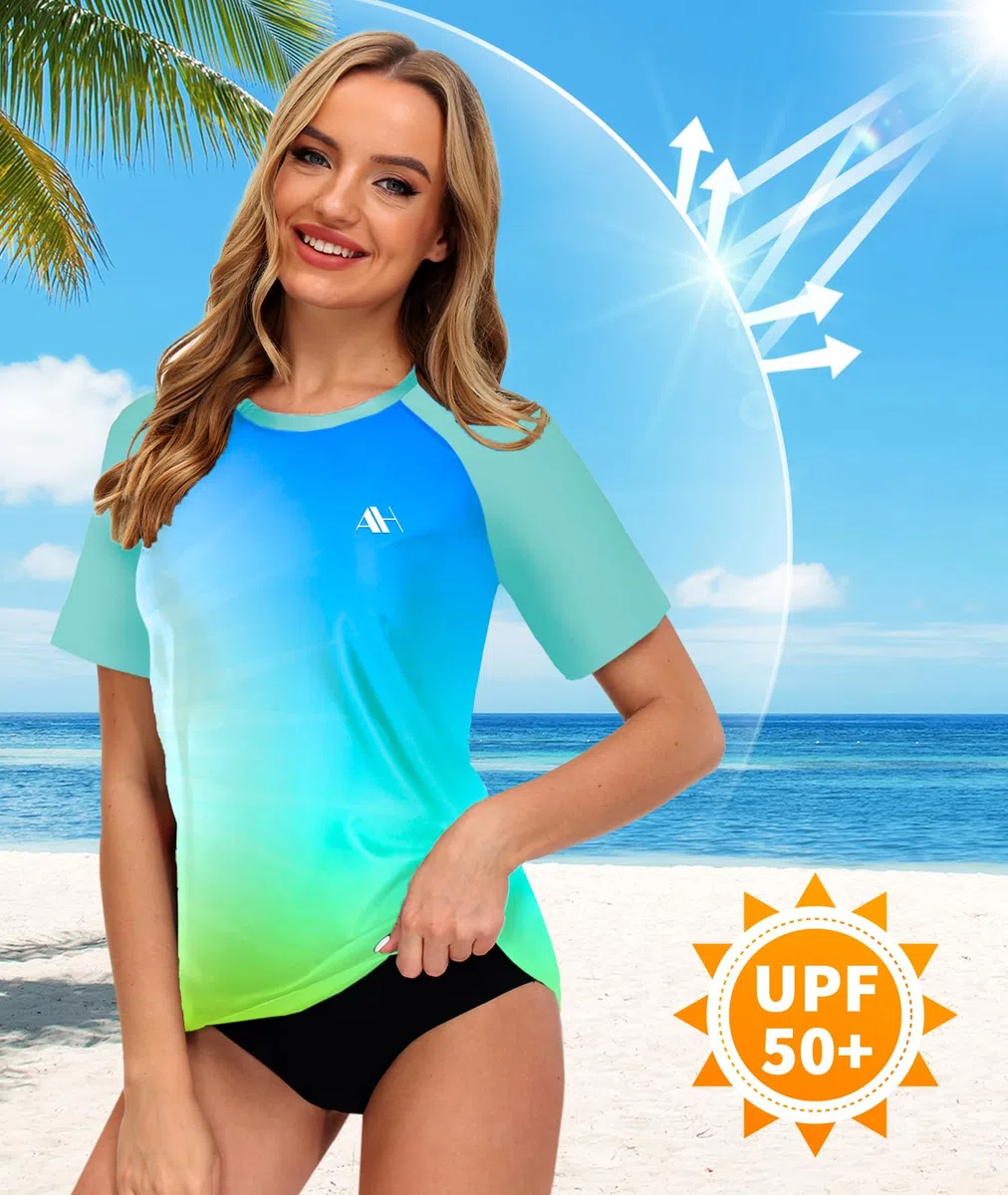 Damen UV Badeshirt Kurzarm Schwimmshirt UPF 50+ Rash Guard Schnelltrocknend Surf Shirt