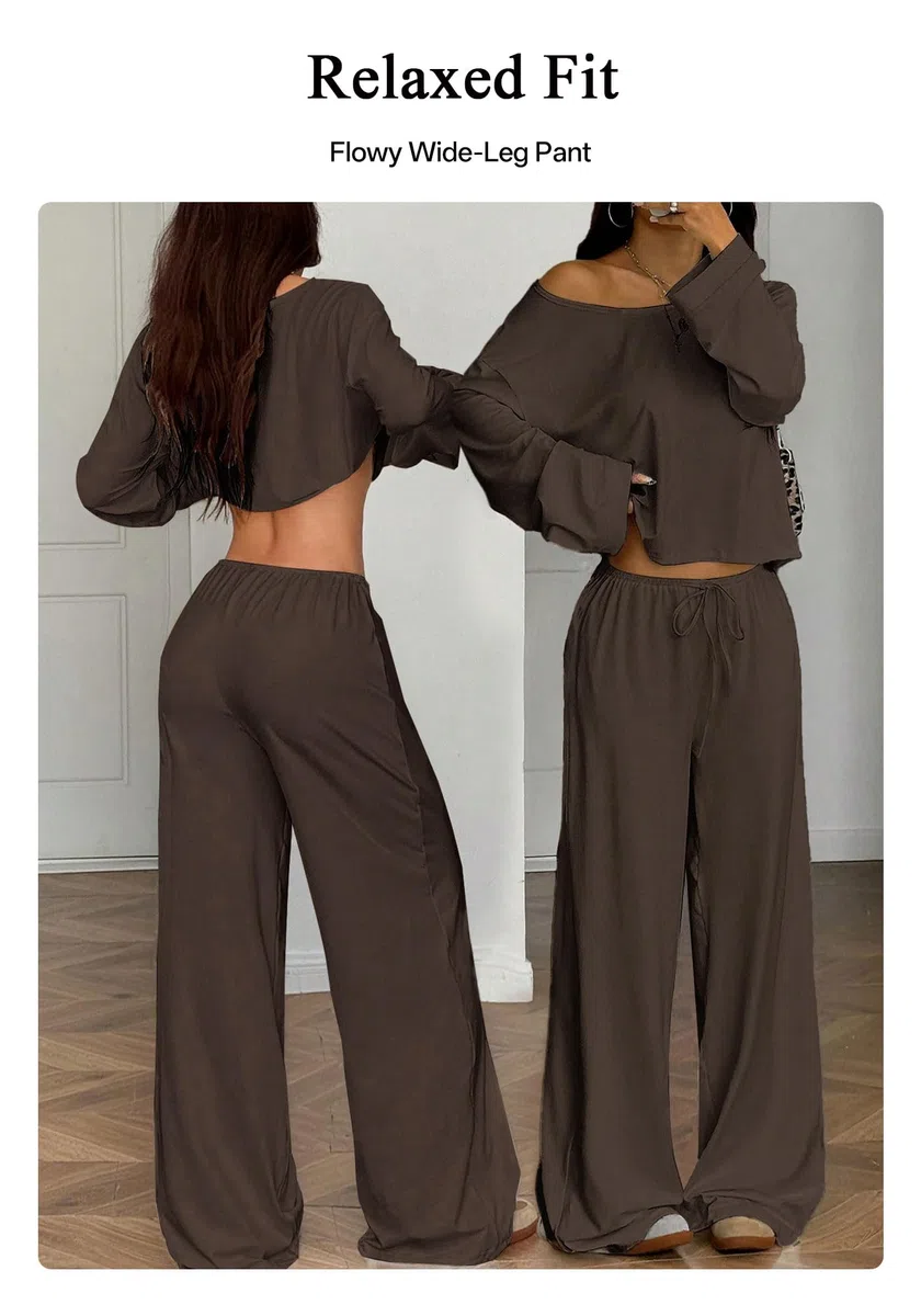 Damen Zweiteiler Lounge Set mit Langarm-Top und Weitbein-Hose, Loungewear Damen, Schulterfrei, Weich und Dehnbar