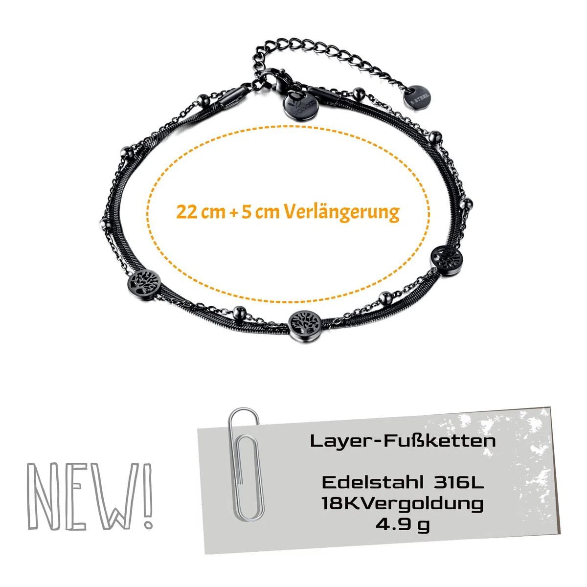 Lebensbaum Fußkettchen für Damen bis 30cm Edelstahl - Armband Gold/Armband Damen Schwarz/Rosegold/Silver - Fussketten für Frauen Gold - Fußkette Damen Armbänder - Schmuck für Frau