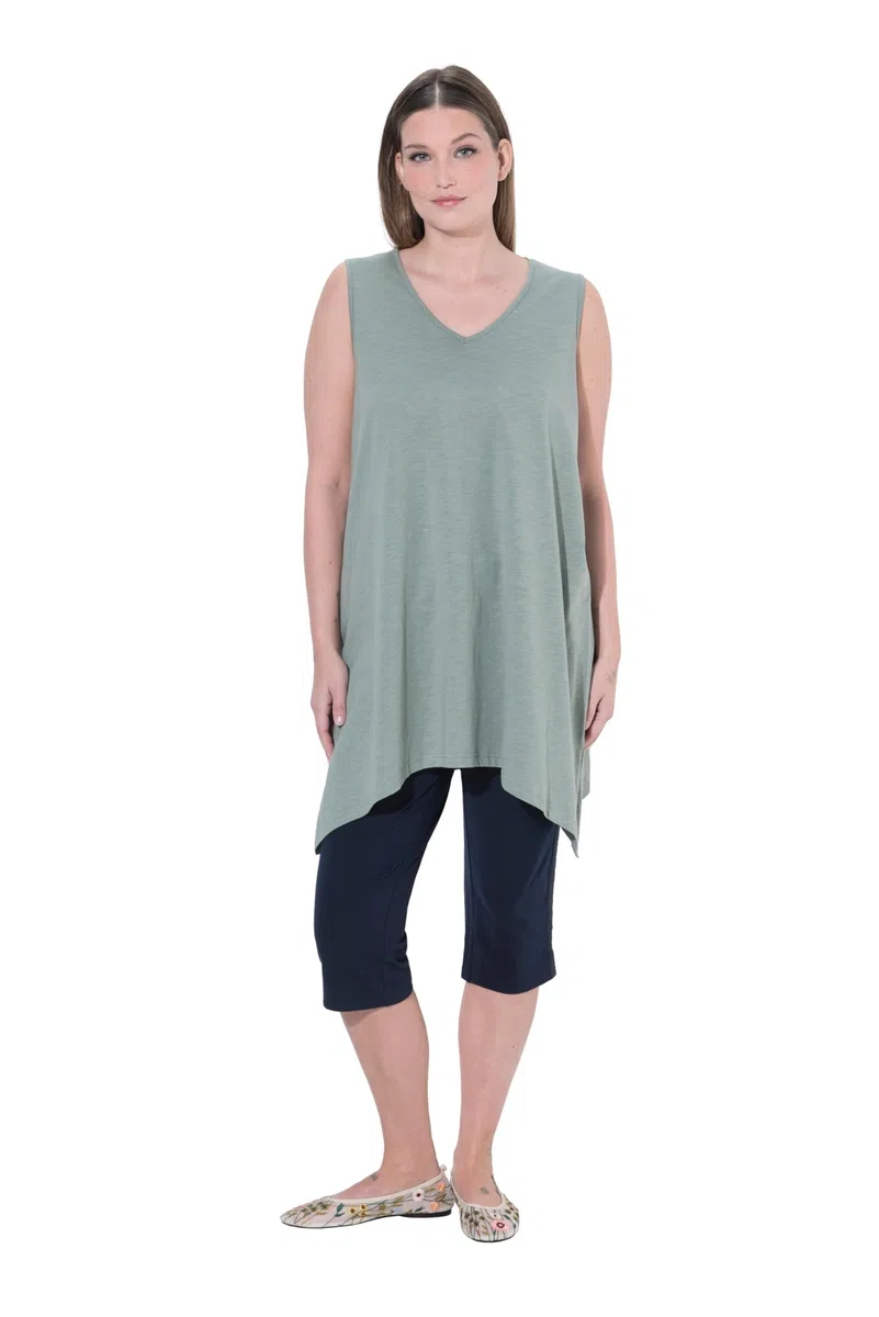 Ulla Popken Damen große Größen Übergrößen Plus Size Longtop, Zipfelsaum, A-Linie, V-Ausschnitt, Biobaumwolle 804033