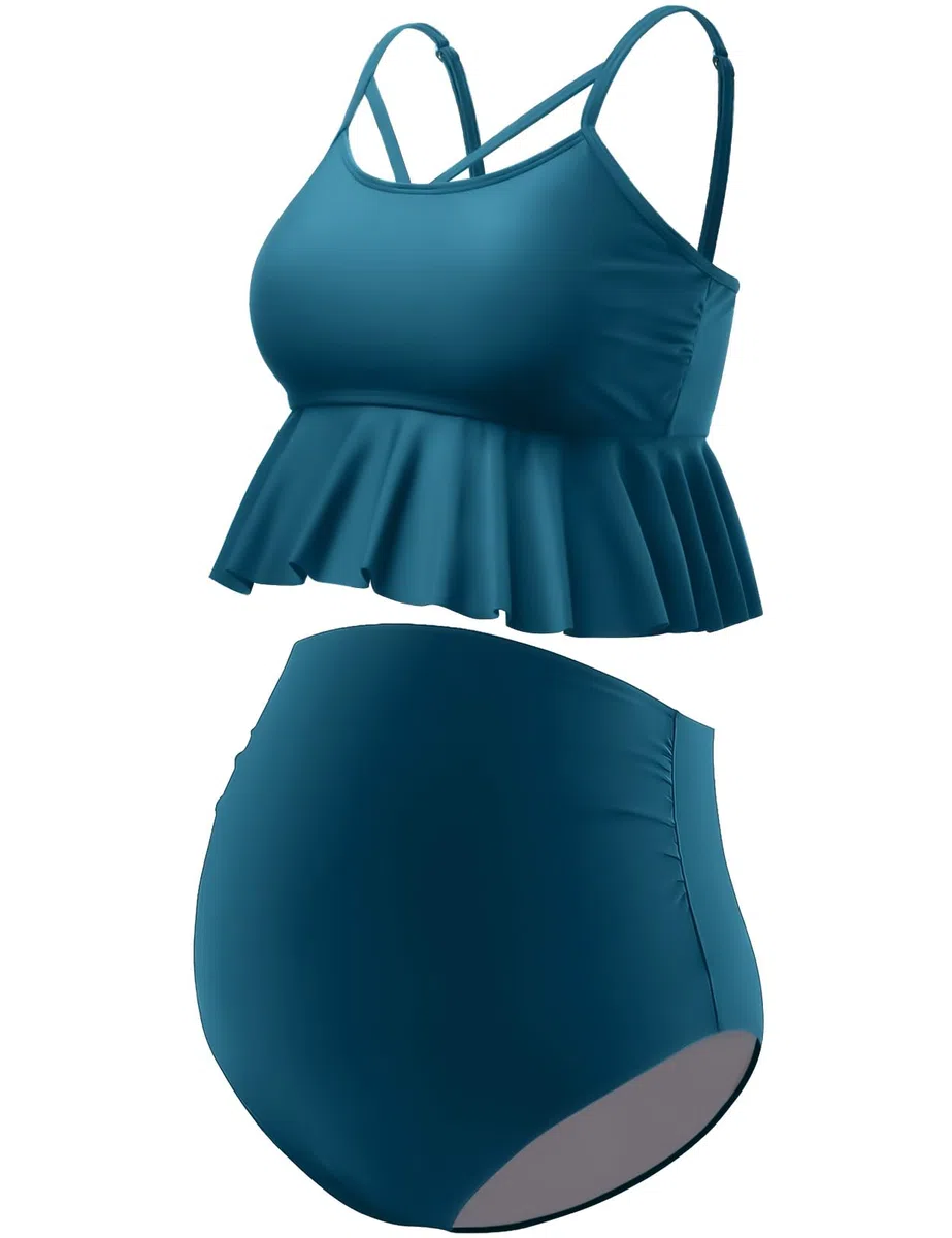GINKANA Umstands-Bikini, zweiteiliger Badeanzug, Rüschen, hohe Taille, Umstands-Badeanzug, Sommer, Schwangerschafts-Bademode