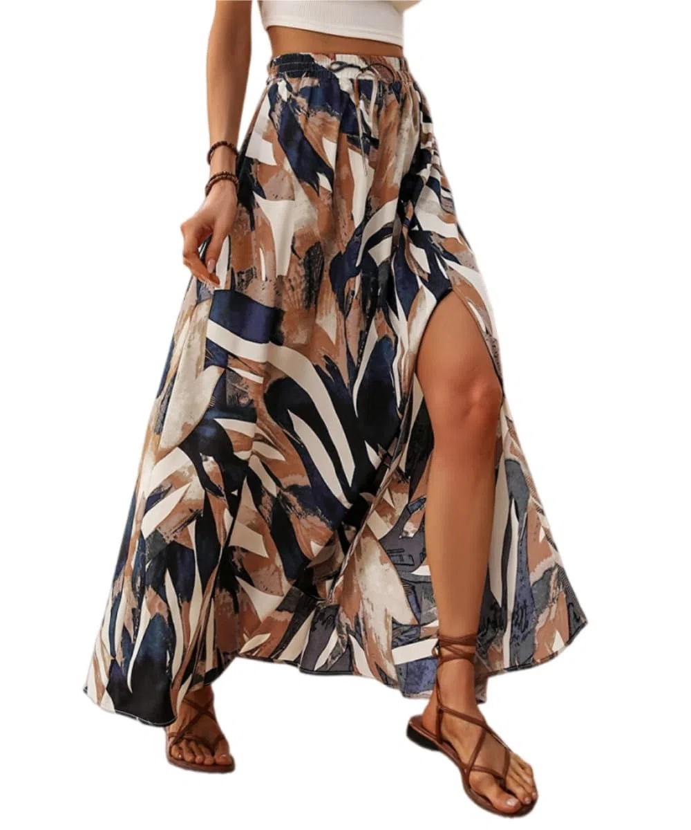 Rock Damen Lang Elegant Röcke Bedruckter Maxirock Sommerrock mit Schlitz A Linie Sommer Maxi Skirt Elastische High Waist Strandrock Freizeitrock