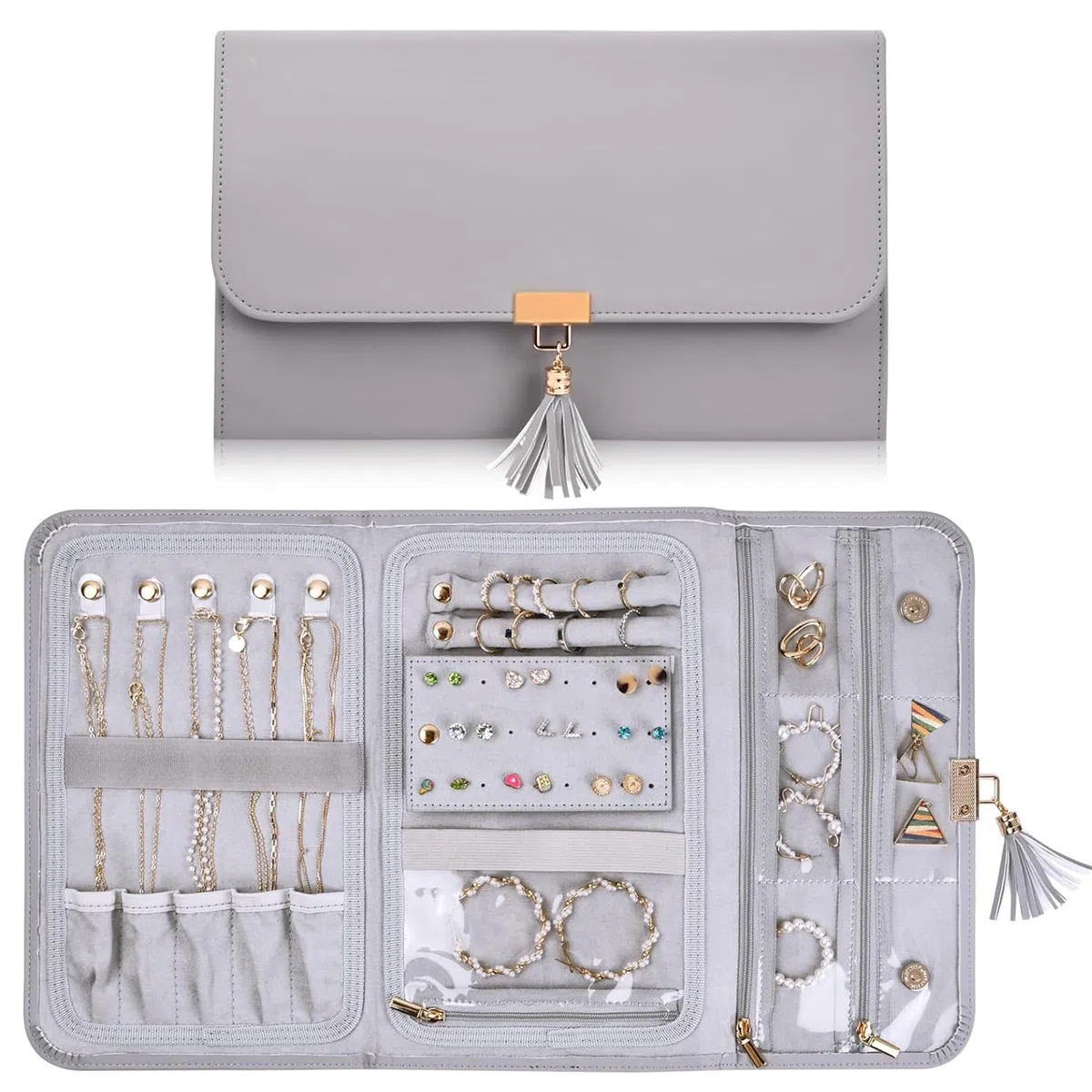 Schmuck Organizer, 28x17,6cm, Schmuckaufbewahrung Reise Wasserdicht Leder Schmuckschatulle, 2 Ring Schnallen Band, 1 Ohrring Panel, 5 Halskette Schnallen Riemen, 6 Taschen, 1 Reißverschlusstasche