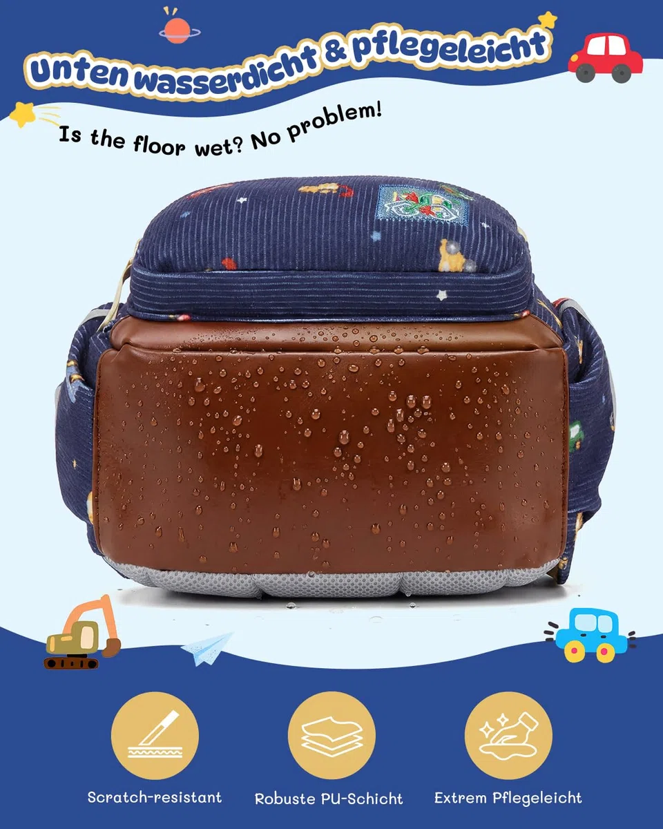 PROTAURI Kindergartenrucksack Jungen mit Brustgurt, Rucksack Kinder Reflektierend mit Abwischbarem Boden, Kita Rucksack Vintage Kordsamt Passend für DIN A4 2-6 Jahre, 9.2L, Blau Auto