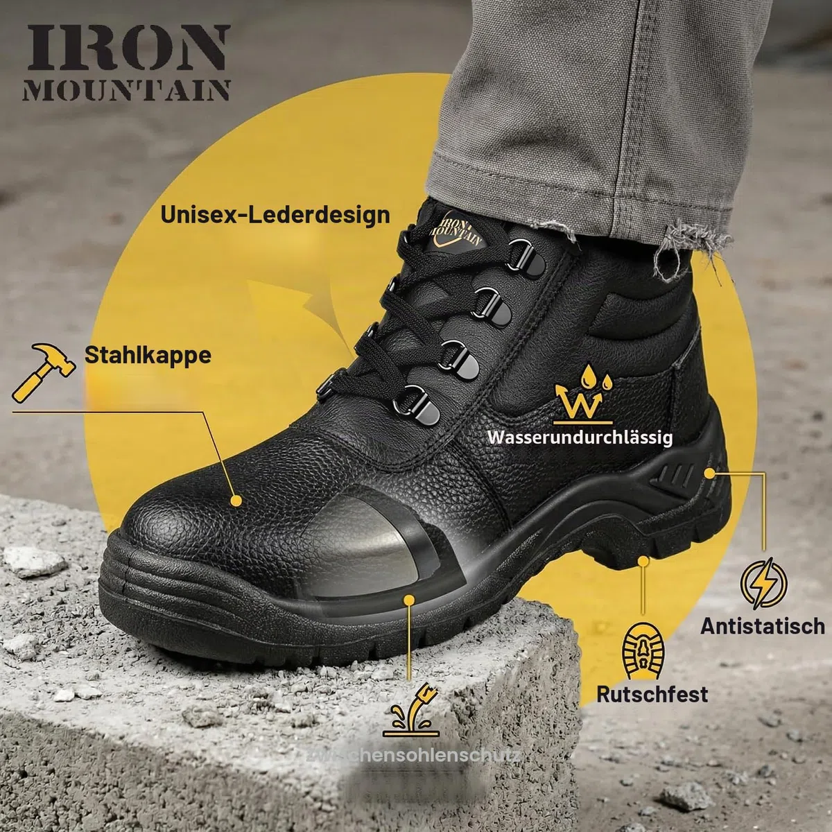 Iron Mountain Unisex-Arbeitssicherheitsstiefel S3 SRC, Leder mit Stahlkappe und Stahlzwischensohle, Chukka-Arbeitsstiefel, rutschfest, antistatisch, robuste Arbeitsstiefel, Schwarz, EU 45