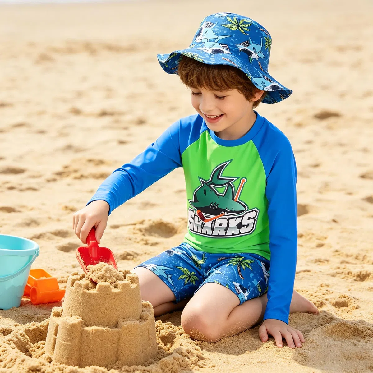 Jungen Schwimmanzug 3 Teil Set UV Langarm Kinder Rash Guard Badehose mit Sonnenhut Haifisch Muster Badeanzug für Jungen 4-12 Jahre