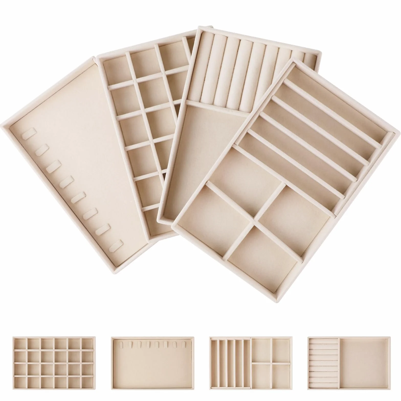 EXLECO 4er Groß Schmucktablett Samt Schmuckaufbewahrung Aufnehmbar Schmuck Organizer Schublade Schmuckkästchen ersetzt Tablett für Damen Mädchen Ringe Ohrring Brosche Kette Anhänger Beige 24*15cm