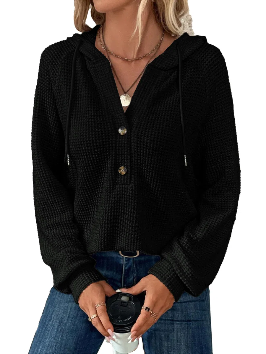 Damen Kapuzenpullover Waffel Strick Kordelzug Knopf V-Ausschnitt Langarm Einfarbig Casual Pullover Sweatshirt Kapuzenoberteil