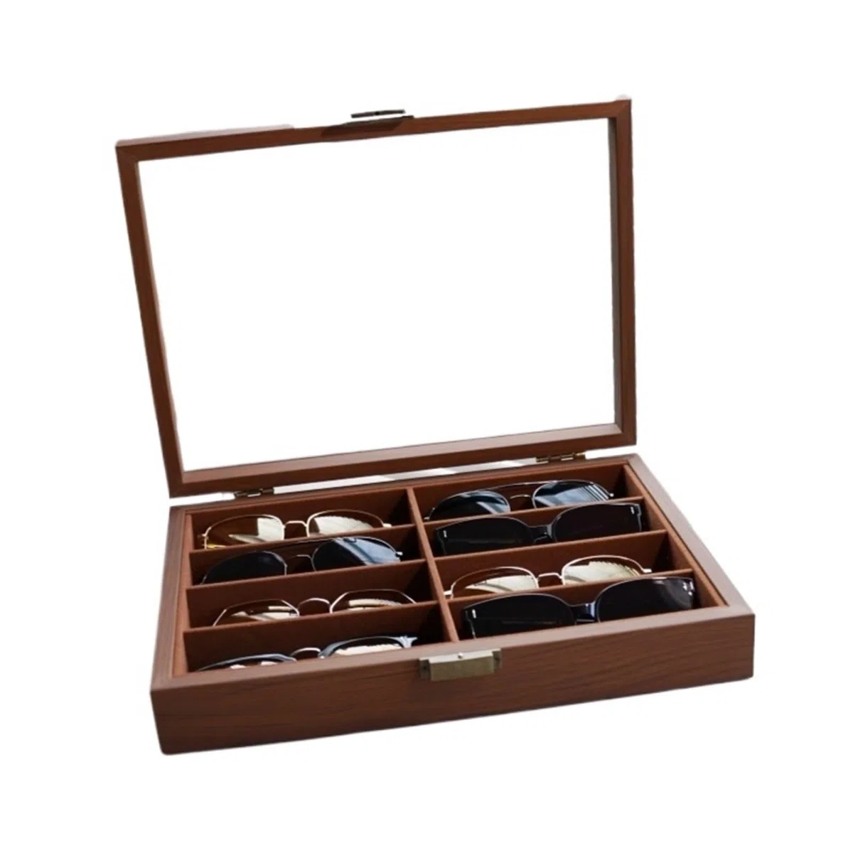 1 Stück Vintage-Brillenetui aus Holz, Sonnenbrillen-Organizer mit 8 Fächern, Sichtfenster-Ausstellungsbox, kratzfester Aufbewahrungsschrank for zu Hause für Brillen