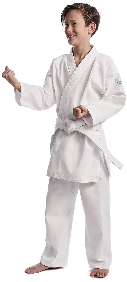 IPPONGEAR Club 2 Karate Gi Set Einsteiger Karateanzug Kinder Anzug inkl weißem Gürtel I Schnürbund I 220gr/m² (8 oz) Stoffdichte weiß