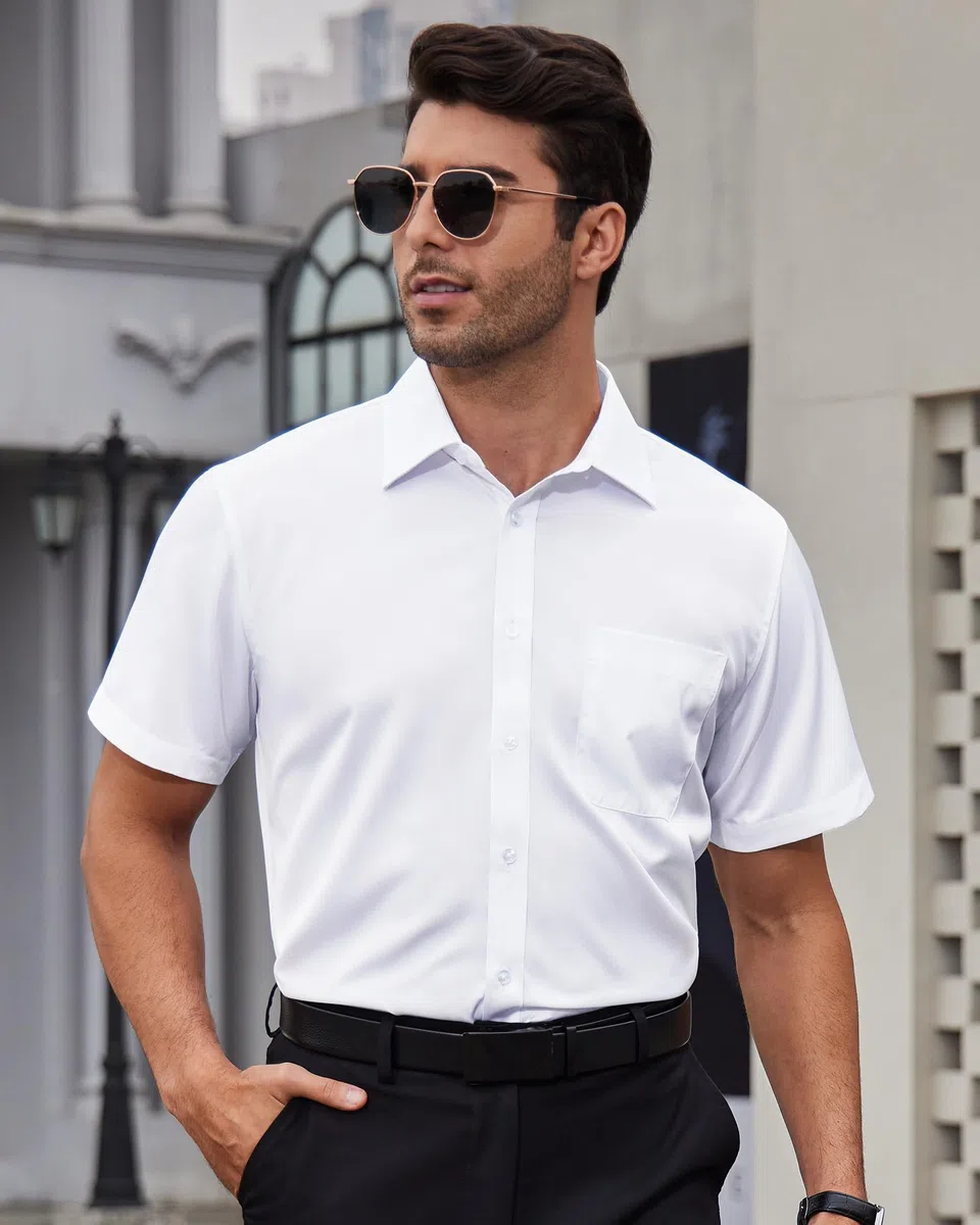 Alimens & Gentle Hemd Herren Kurzarm Bügelfrei Sommer Business Freizeithemden Regular Fit Strand Outdoor Männer Herrenhemd mit Tasche