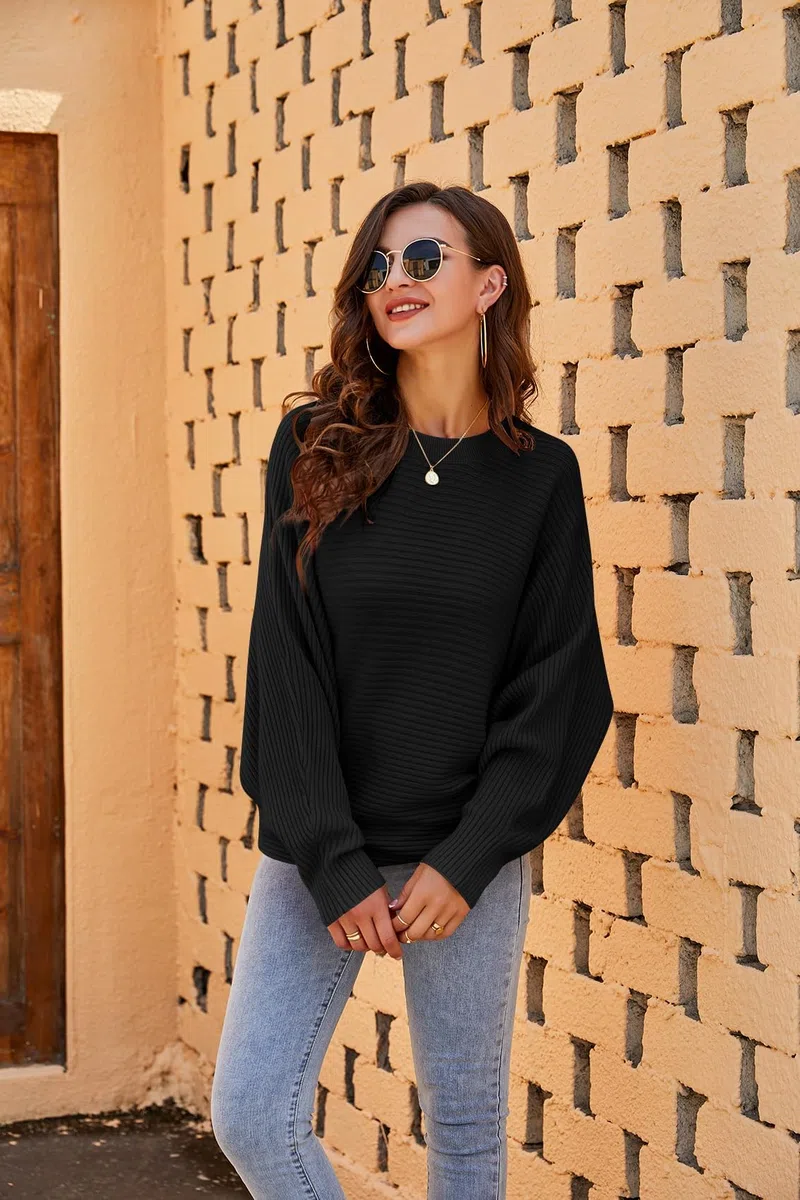 Fessceruna Damen Pullover Oversize Fledermausärmel Strickpullover Winter Rundhals Pulli Geripptes Sweatshirt