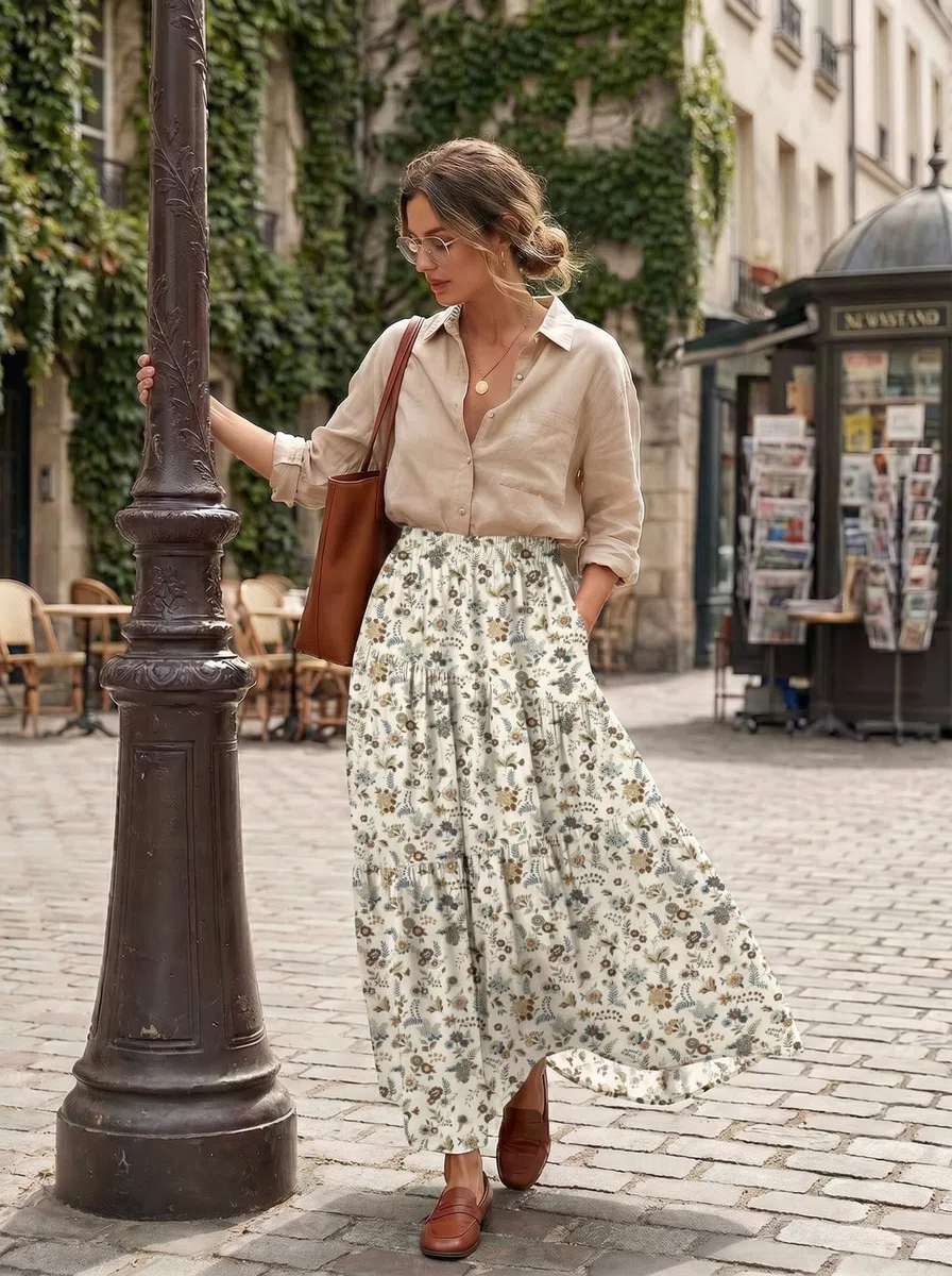 GRECERELLE Damen Rock Sommer Lange Flowy Röcke Hohe Taille Boho A-Linie Long Skirt Sommerrock Elegant Strandkleider mit Taschen