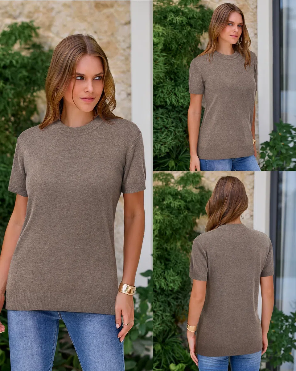 Arach&Cloz Pullover Damen Wolle Blend Kurzarm Sommer Strickpullover Tops
