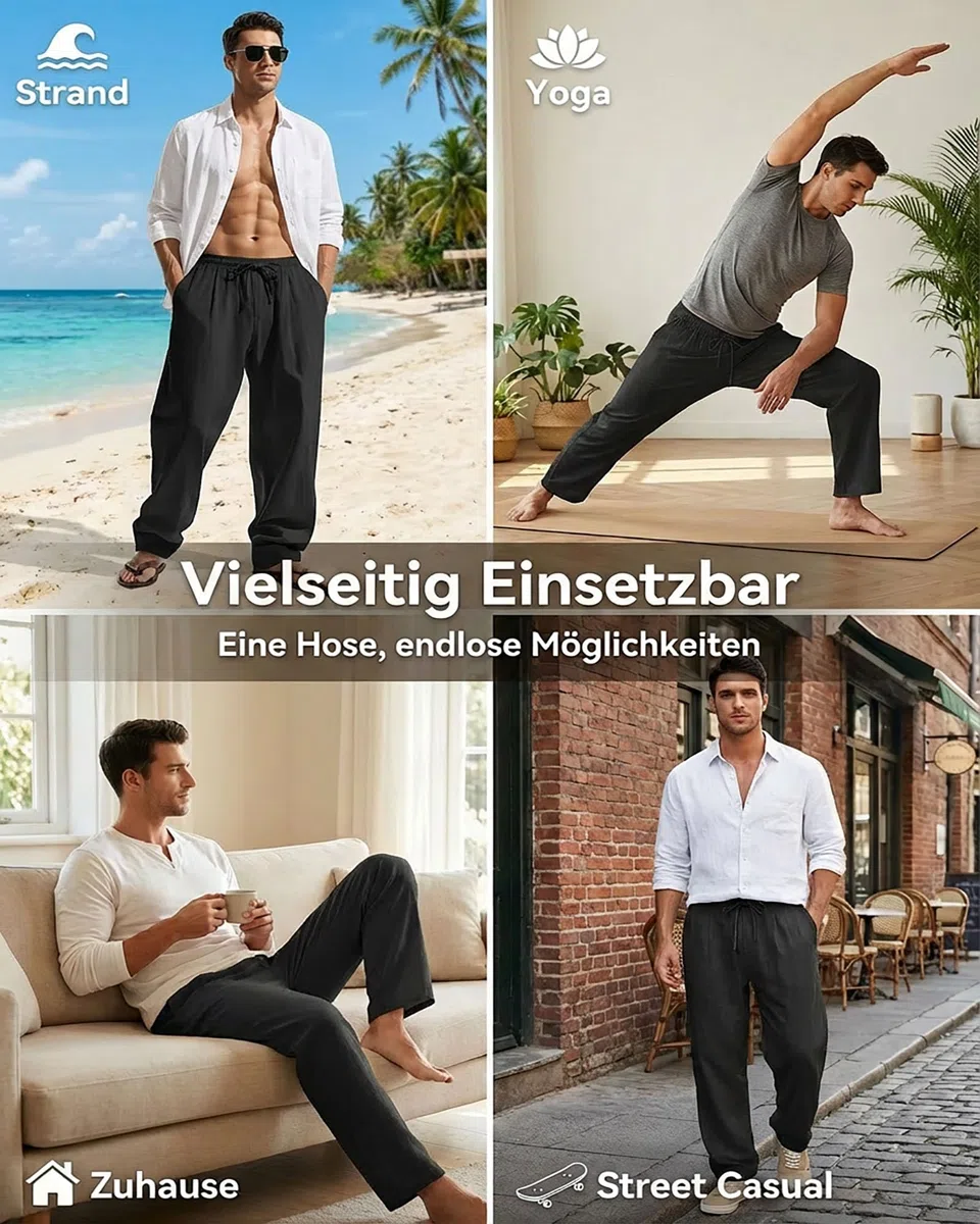 Elainone Herren Sommerhose Baumwolle Leichte Freizeithose mit Kordelzug Taschen Loose Fit Bequeme Strandhose