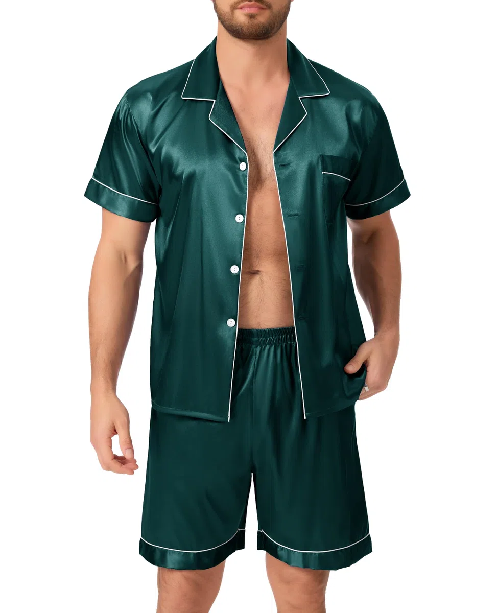 Lovasy Satin Schlafanzug Herren Kurz Kurzarm Pyjamas Set mit Knöpfen Sommer Pjs Sets Zweiteiliger Nachtwäsche