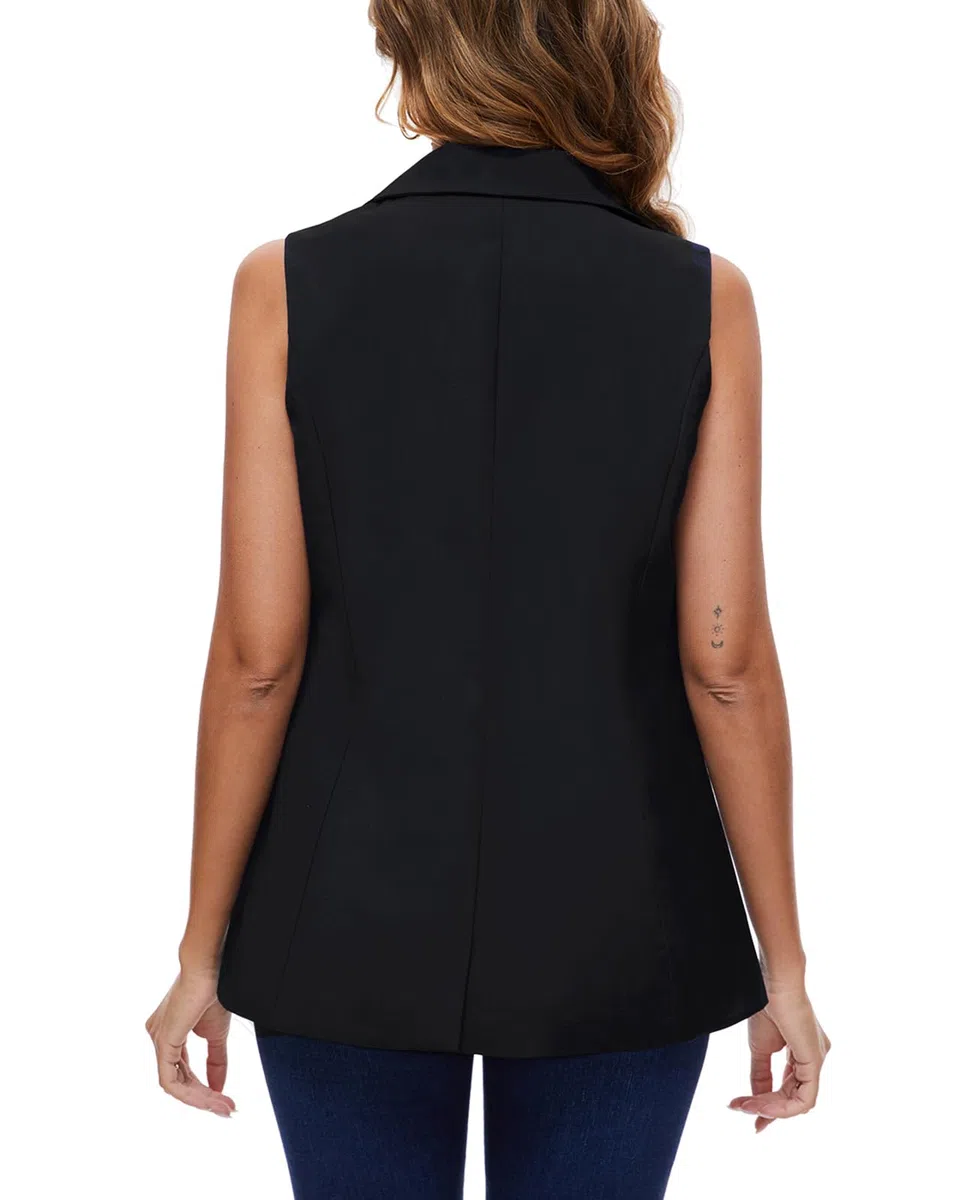 Ärmelloser Blazer für Damen, lange Büroweste, vollständig gefüttert, Ein-Knopf-Oberteil, Jacke, Weste, gekerbtes Revers