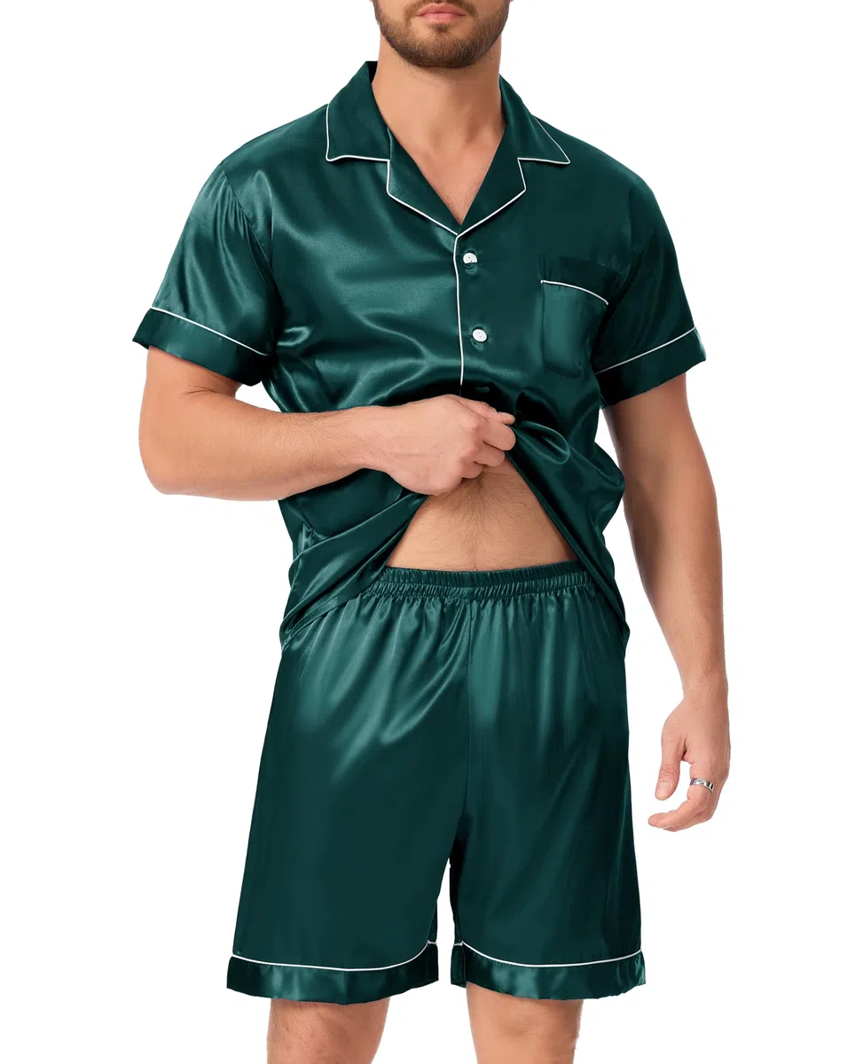 Lovasy Satin Schlafanzug Herren Kurz Kurzarm Pyjamas Set mit Knöpfen Sommer Pjs Sets Zweiteiliger Nachtwäsche