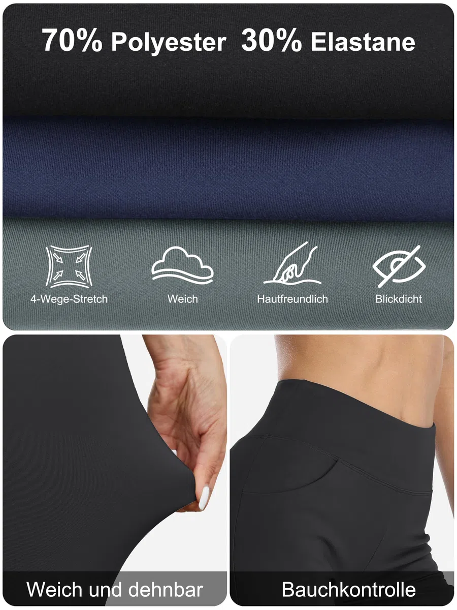 MOVE BEYOND Butterweiche Damen Bootcut Yogahose und 3/4-Hosen mit 4 Taschen Bauchkontrolle Workout Bootleg Arbeitshose
