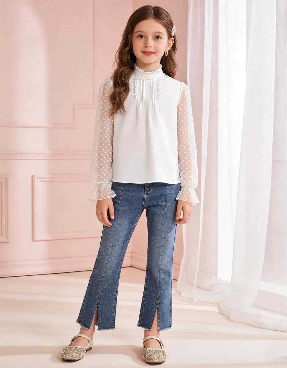 Rolanko Mädchen Langarmshirt Chiffon Blusen Rüschenkragen Puffärmel mit Schweizer Punkten Niedliche Oberteile