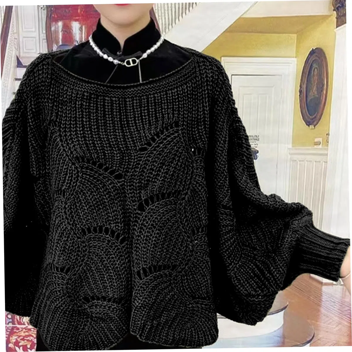 Gestrickter Schal, Pulloverschalel mit Ärmeln warmer Pullover Strickschalle Hohlhülsenhülsenhülle Poncho Pullover klobiger Winter Frauen Ärmel Wickel für kaltes Wetter, Poncho