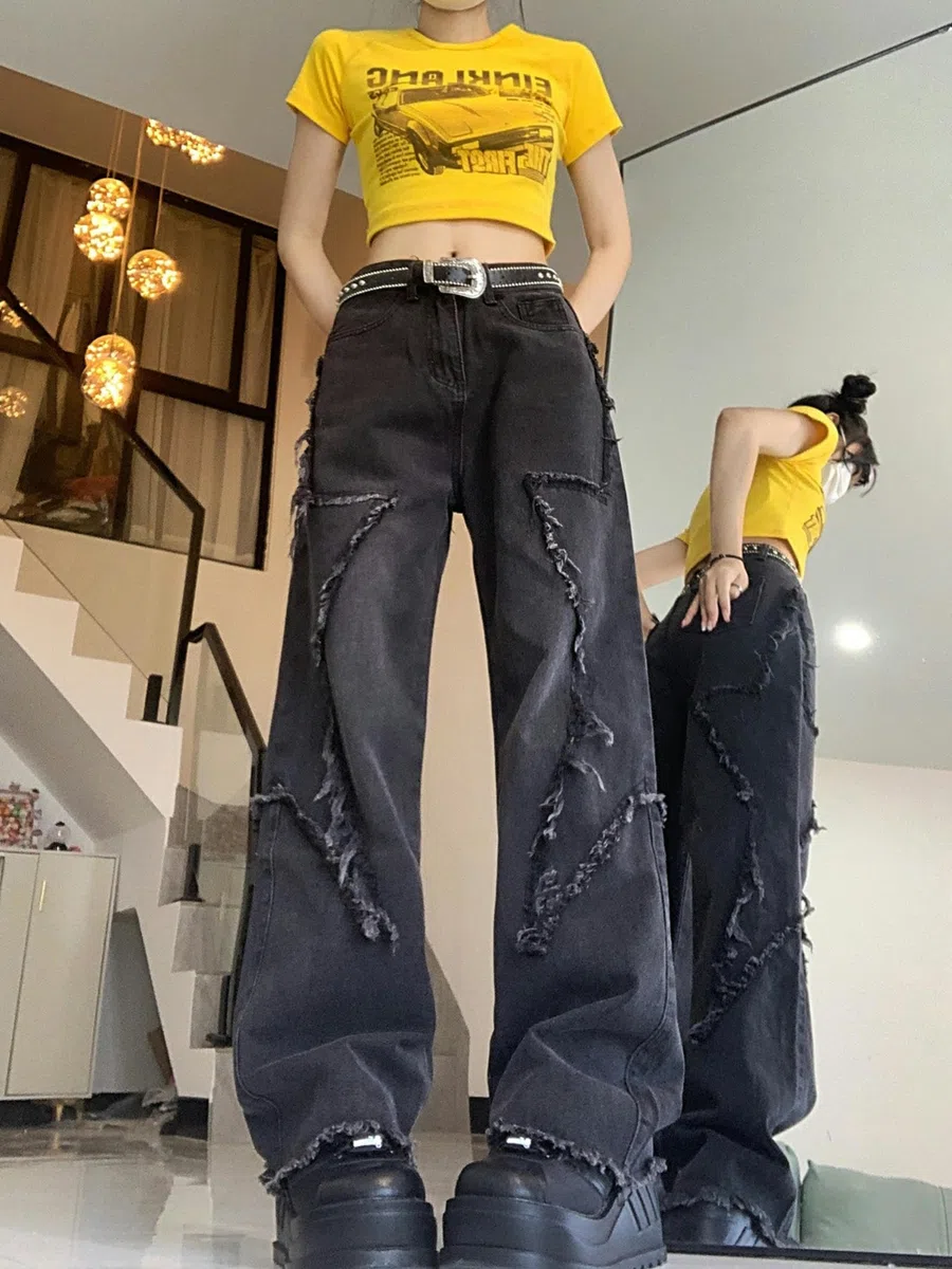 Schwarz Grau Vintage Star Jeans für Frauen Herbst Korsett Casual High Wasit Hosen für Frauen Koreanische Mode Jeans Y2k Streetwear-Schwarz-S