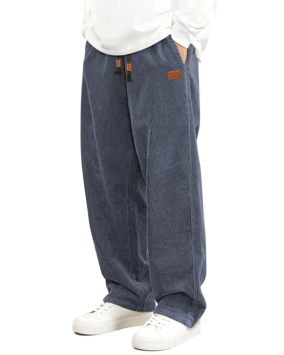 HMIYA Cord Hose Herren Chinohose Regular Weites Bein Hosen Mode Freizeithose Baumwolle Elastische Taillemit Taschen